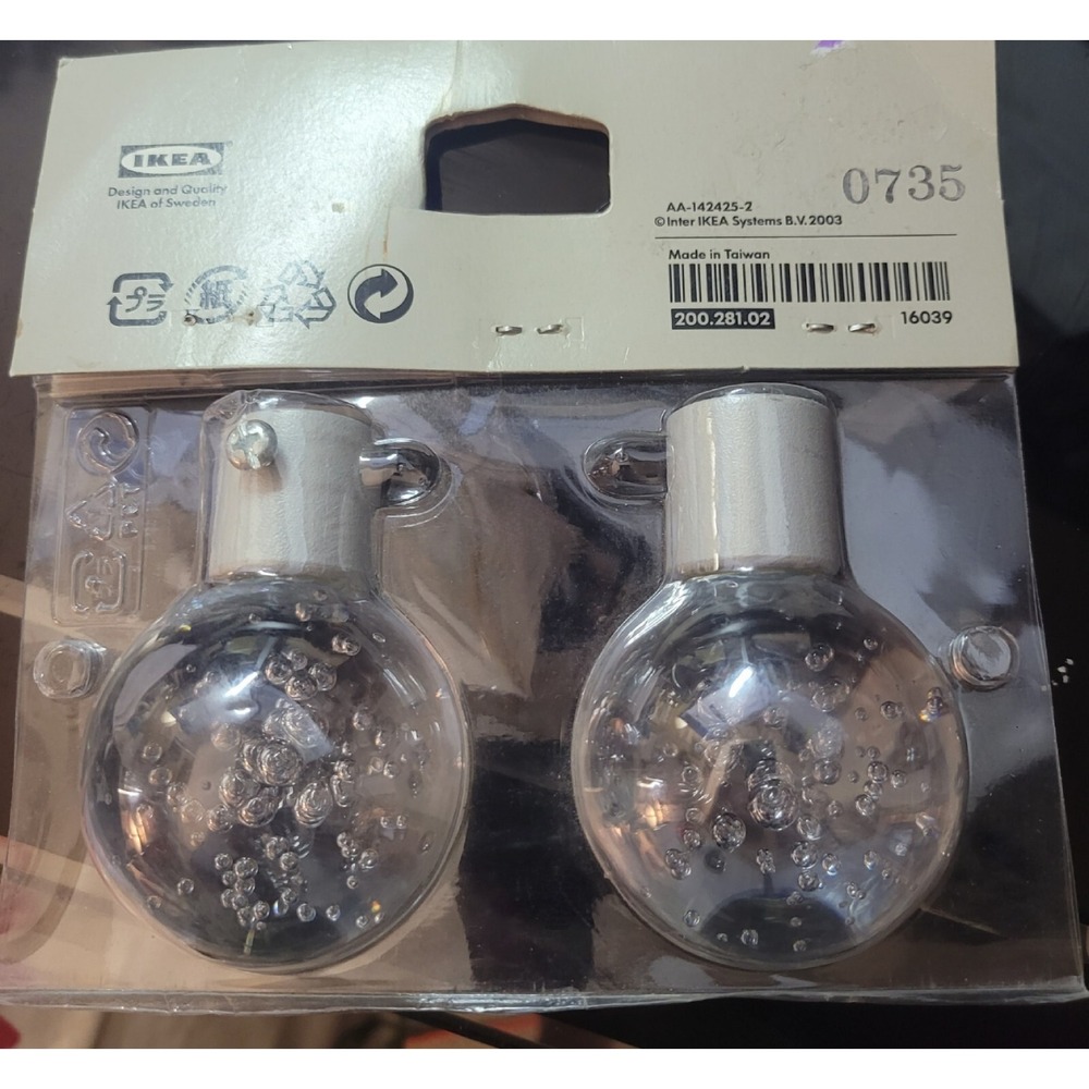 2-Pck Ikea Index Lyster Curtain Rod Finials 200.281.02 Bubble Clear Discontinued